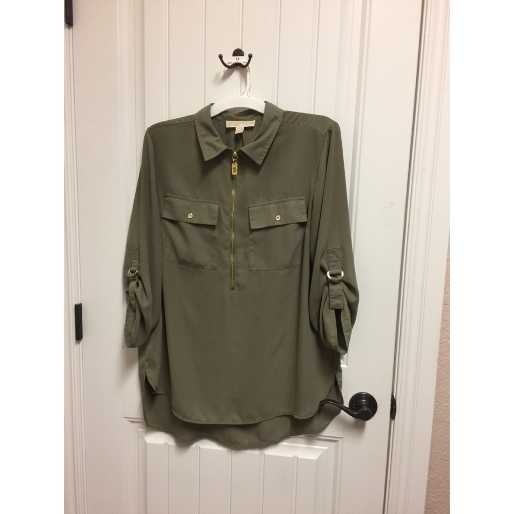 Green Michael Kors Collared Flowy ZIP Up Blouse